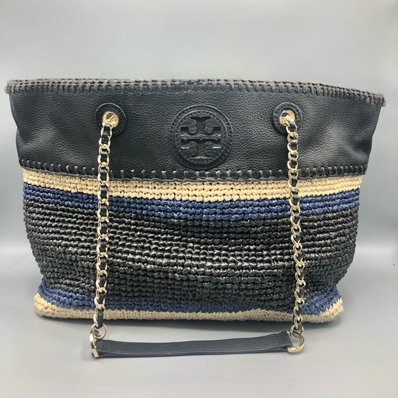 Tory Burch Marion Raffia Straw Tote Blue Black Stripes Leather Trimmed + Wallet - Picture 2 of 16